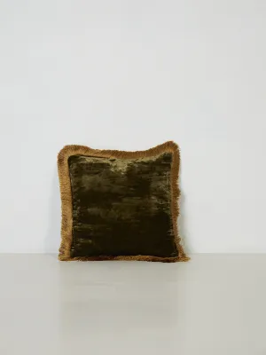 Square Cushion 27x27 - Olive Mud with Gold Fringe