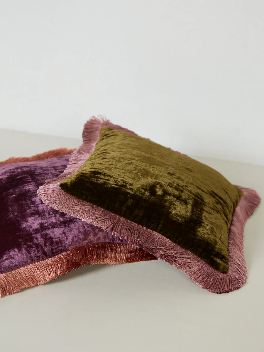 Square Cushion 27x27 - Olive Mud with Plum Fringe