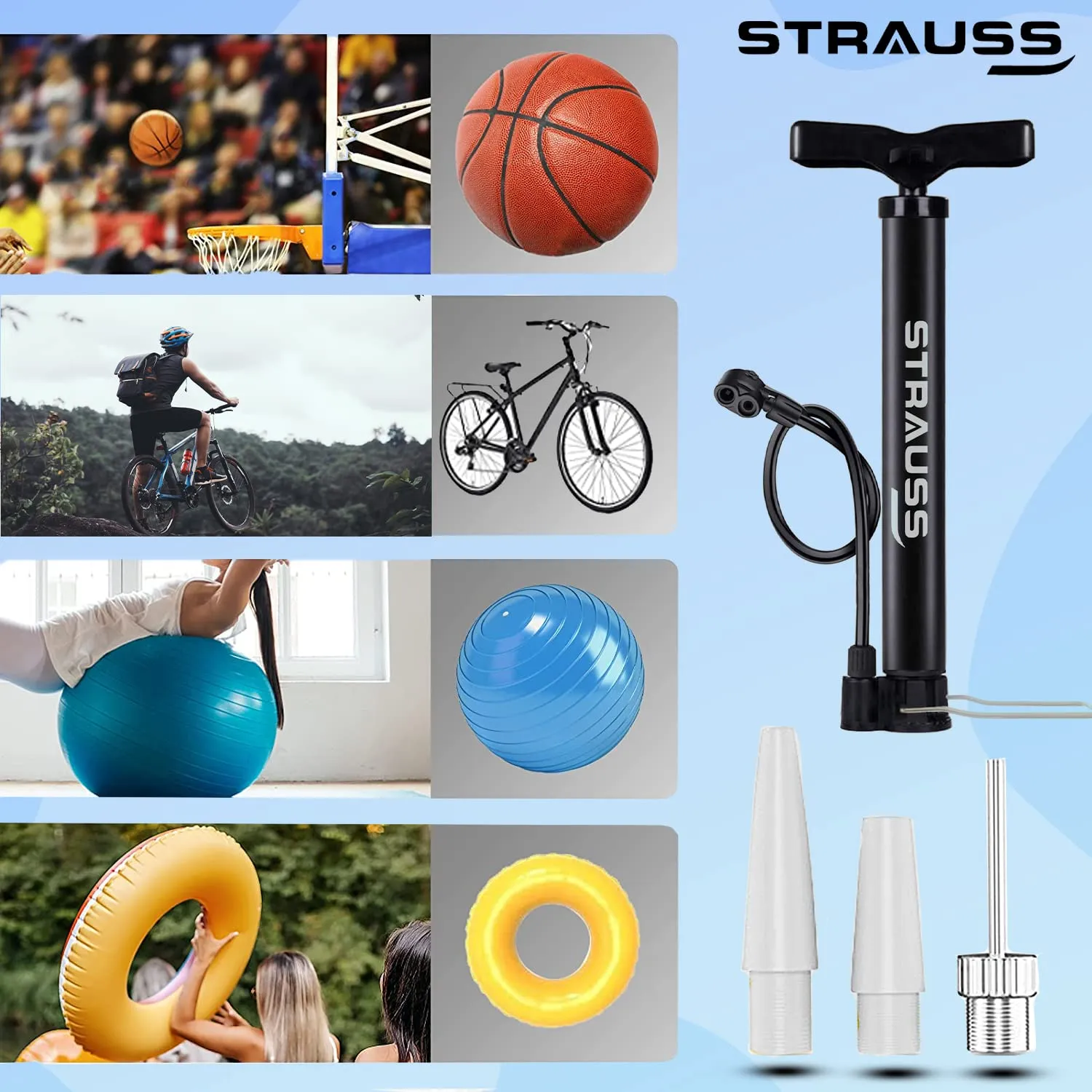 Strauss Bicycle Air Pump with Needle & Dual Valve | Portable Pump with 2 Modes, Ideal for Inflating Bicycle, Swimming Rings | Sturdy Base & Ergonomic Handle (Navy Blue)