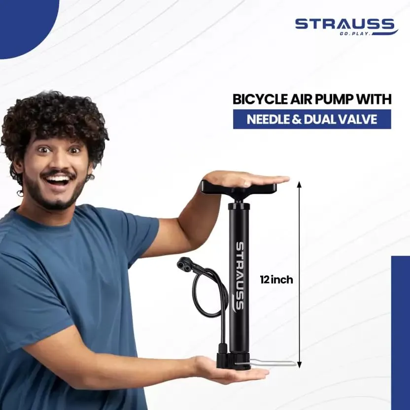 Strauss Bicycle Air Pump with Needle & Dual Valve | Portable Pump with 2 Modes, Ideal for Inflating Bicycle, Swimming Rings | Sturdy Base & Ergonomic Handle (Navy Blue)