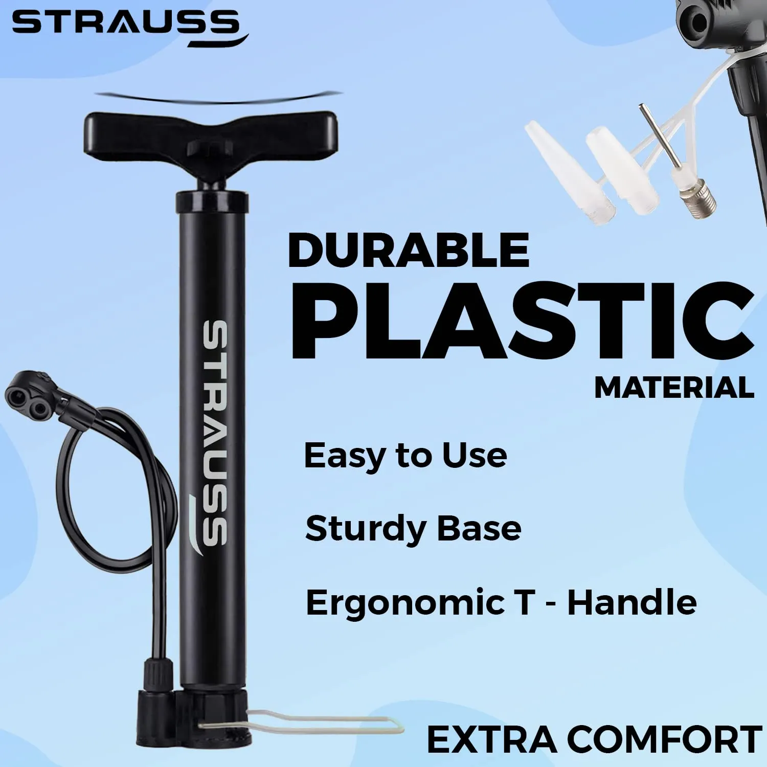 Strauss Bicycle Air Pump with Needle & Dual Valve | Portable Pump with 2 Modes, Ideal for Inflating Bicycle, Swimming Rings | Sturdy Base & Ergonomic Handle (Navy Blue)