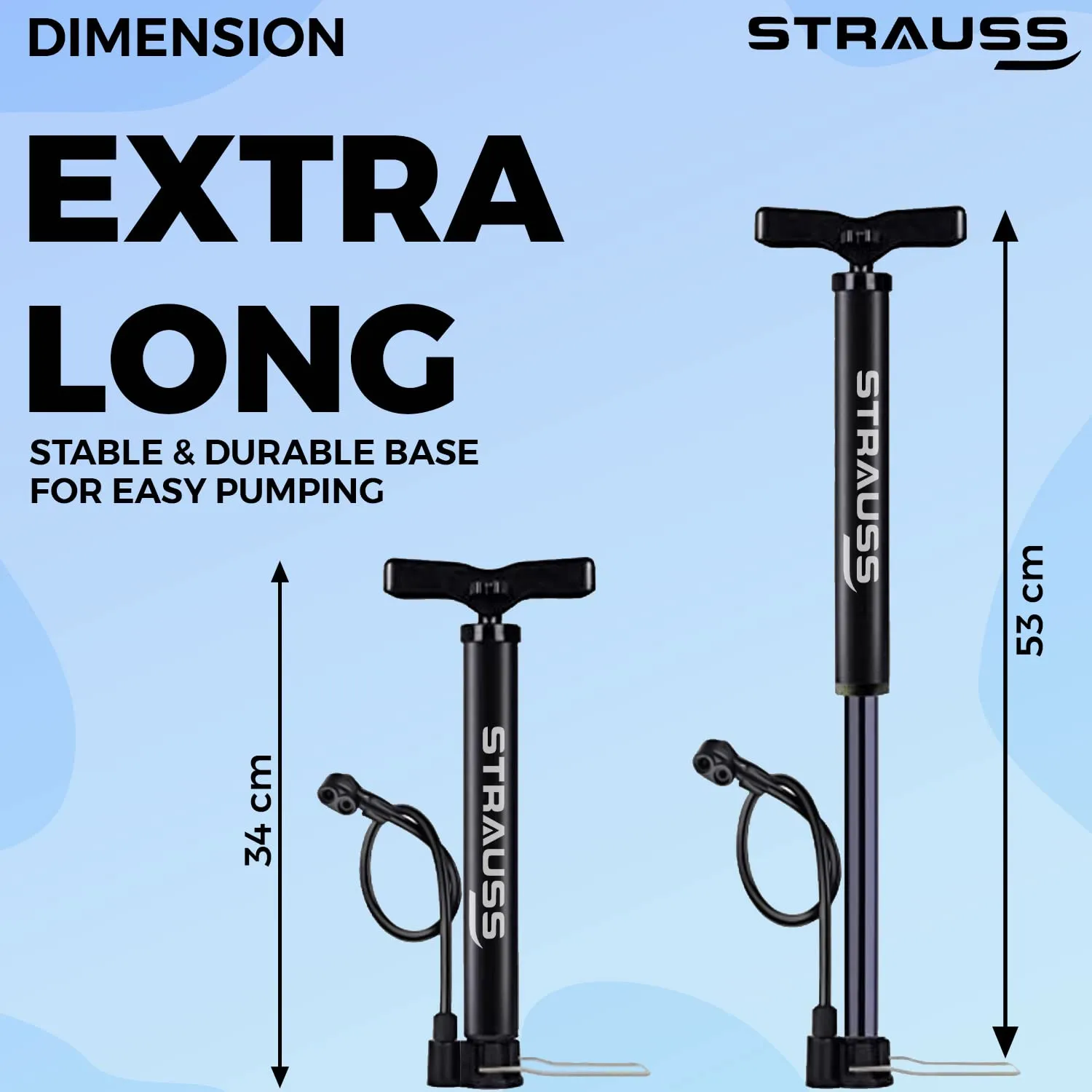 Strauss Bicycle Air Pump with Needle & Dual Valve | Portable Pump with 2 Modes, Ideal for Inflating Bicycle, Swimming Rings | Sturdy Base & Ergonomic Handle (Navy Blue)