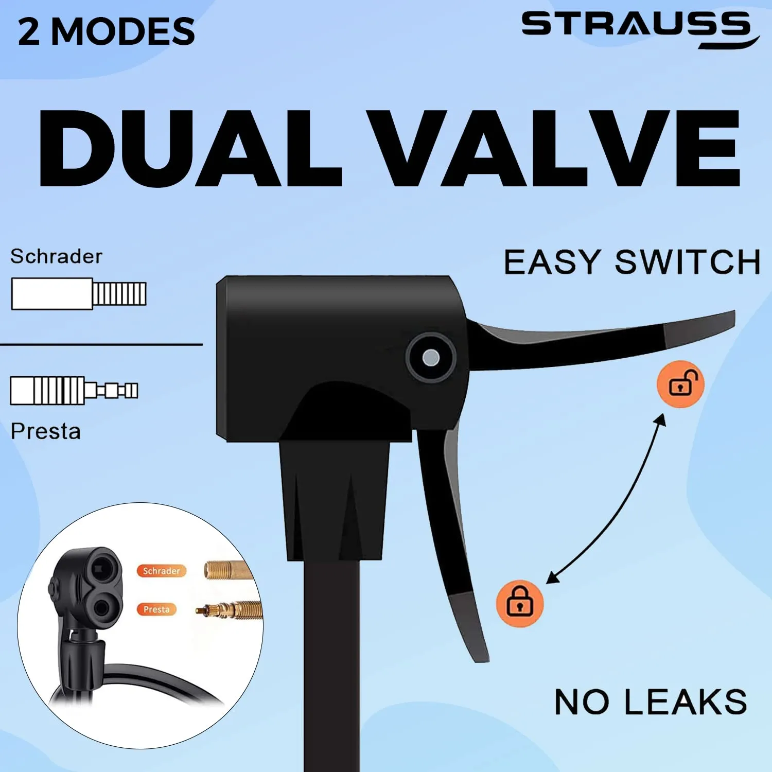 Strauss Bicycle Air Pump with Needle & Dual Valve | Portable Pump with 2 Modes, Ideal for Inflating Bicycle, Swimming Rings | Sturdy Base & Ergonomic Handle (Navy Blue)