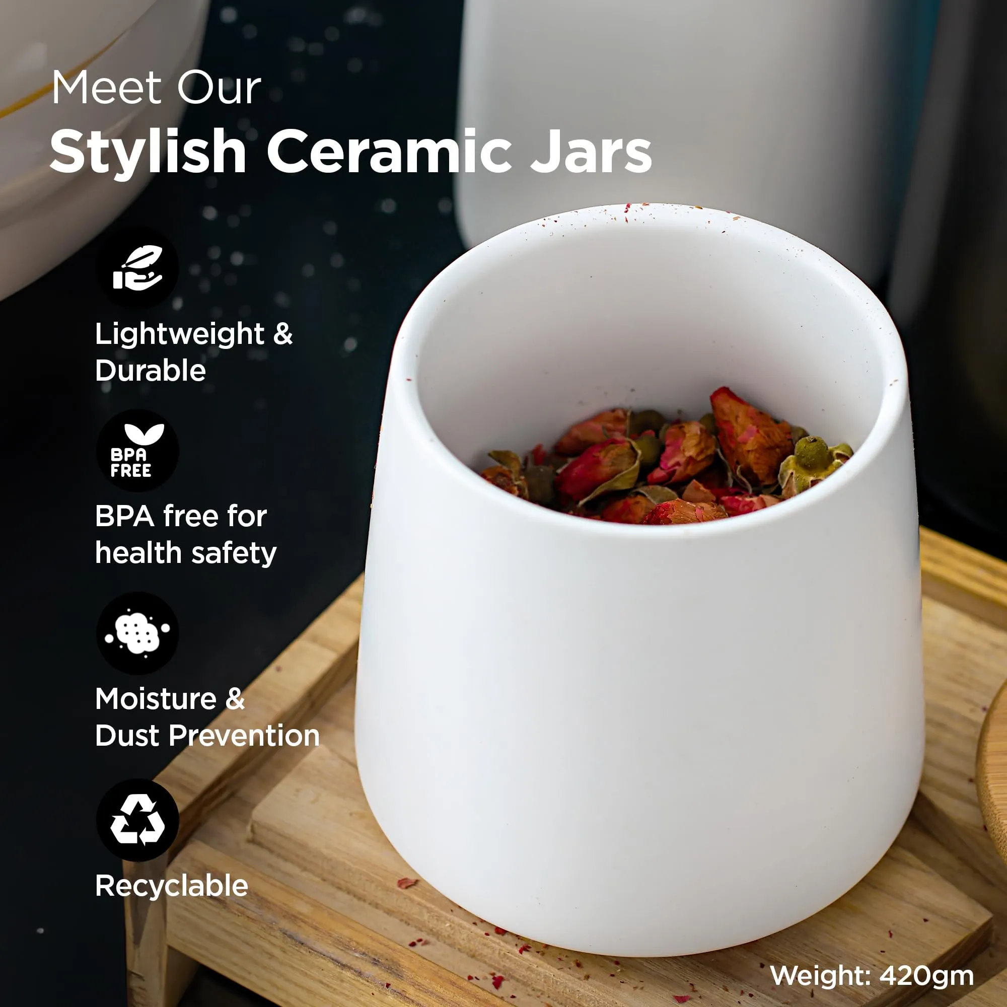 UMAI Ceramic Jar For Kitchen Storage With Bamboo Lid | Air Tight Kitchen Containers For Storage | Multipurpose Jar For Pickle Dry Fruits Nuts | BPA Free | 500ml | White |