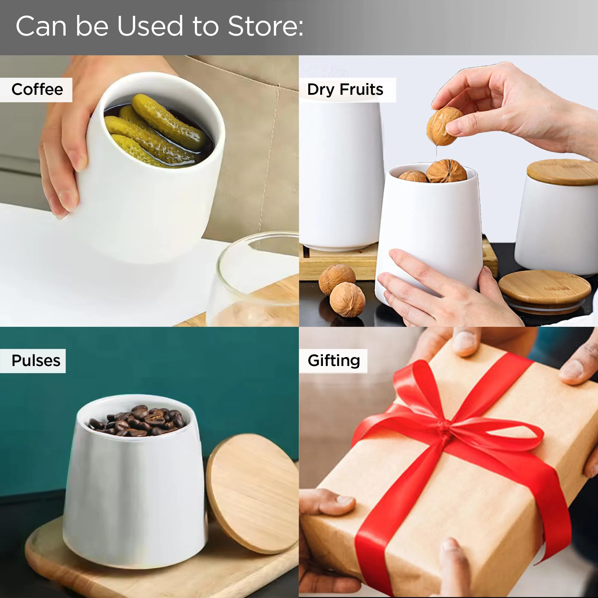 UMAI Ceramic Jar For Kitchen Storage With Bamboo Lid | Air Tight Kitchen Containers For Storage | Multipurpose Jar For Pickle Dry Fruits Nuts | BPA Free | 500ml | White |