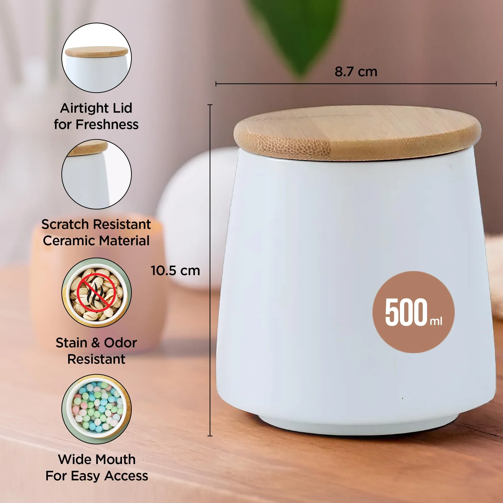 UMAI Ceramic Jar For Kitchen Storage With Bamboo Lid | Air Tight Kitchen Containers For Storage | Multipurpose Jar For Pickle Dry Fruits Nuts | BPA Free | 500ml | White |