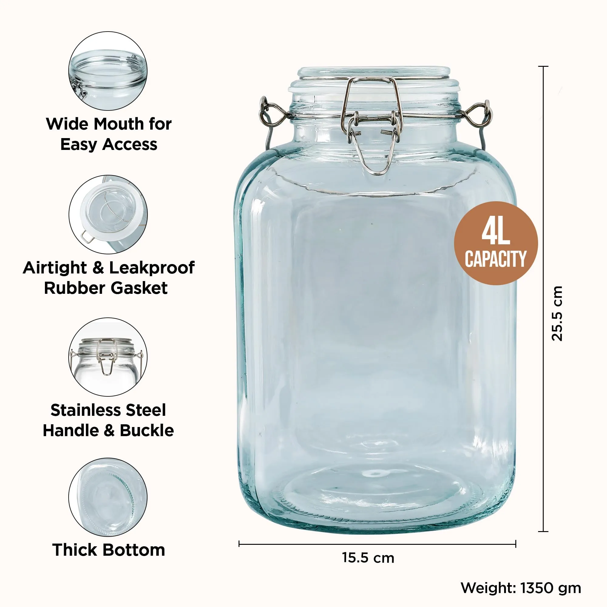 UMAI Glass Jar for Kitchen 4000 ml Mason Jars with Lids | Airtight Containers For Storage with Stainless Steel Handle & Leakproof Rubber Gasket | Storage Organizer for Kitchen