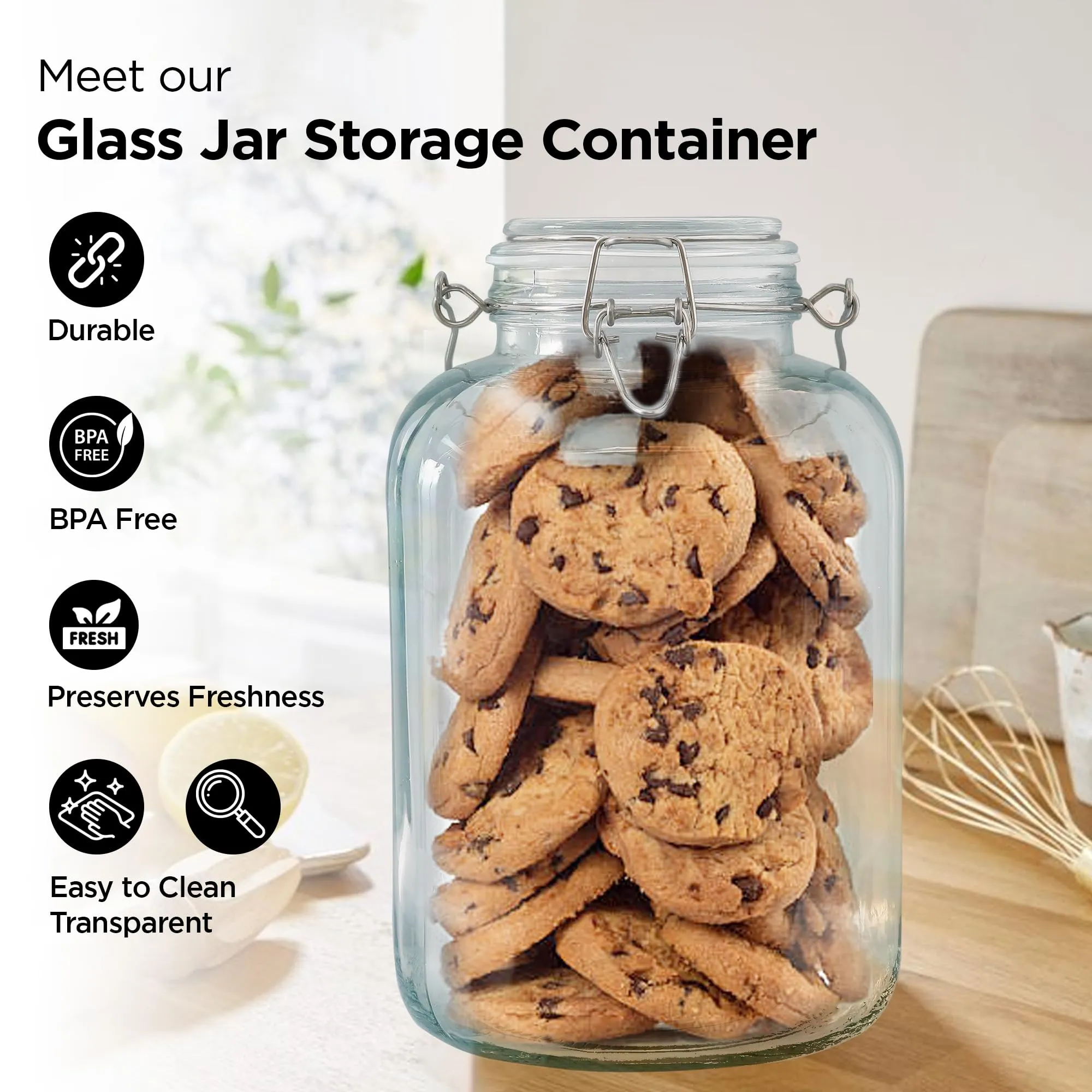 UMAI Glass Jar for Kitchen 4000 ml Mason Jars with Lids | Airtight Containers For Storage with Stainless Steel Handle & Leakproof Rubber Gasket | Storage Organizer for Kitchen