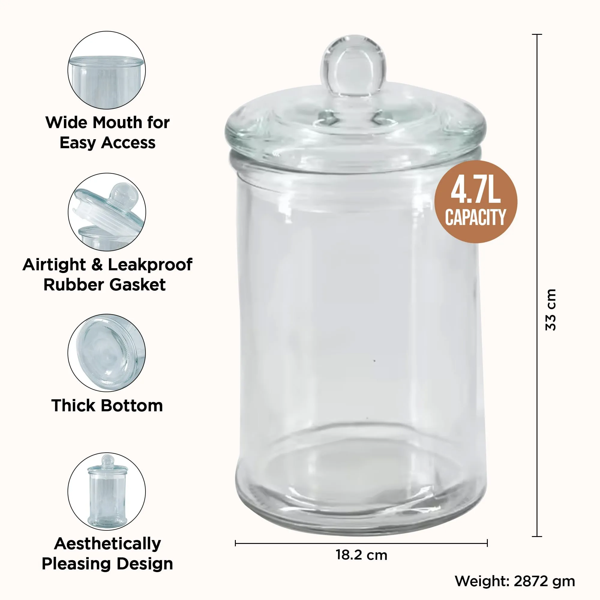 UMAI Glass Jar for Kitchen Storage | Glass Containers With Lid | Kitchen Storage Container with wide Mouth | Food Storage Container for Kitchen | Transparent | 5 Litre
