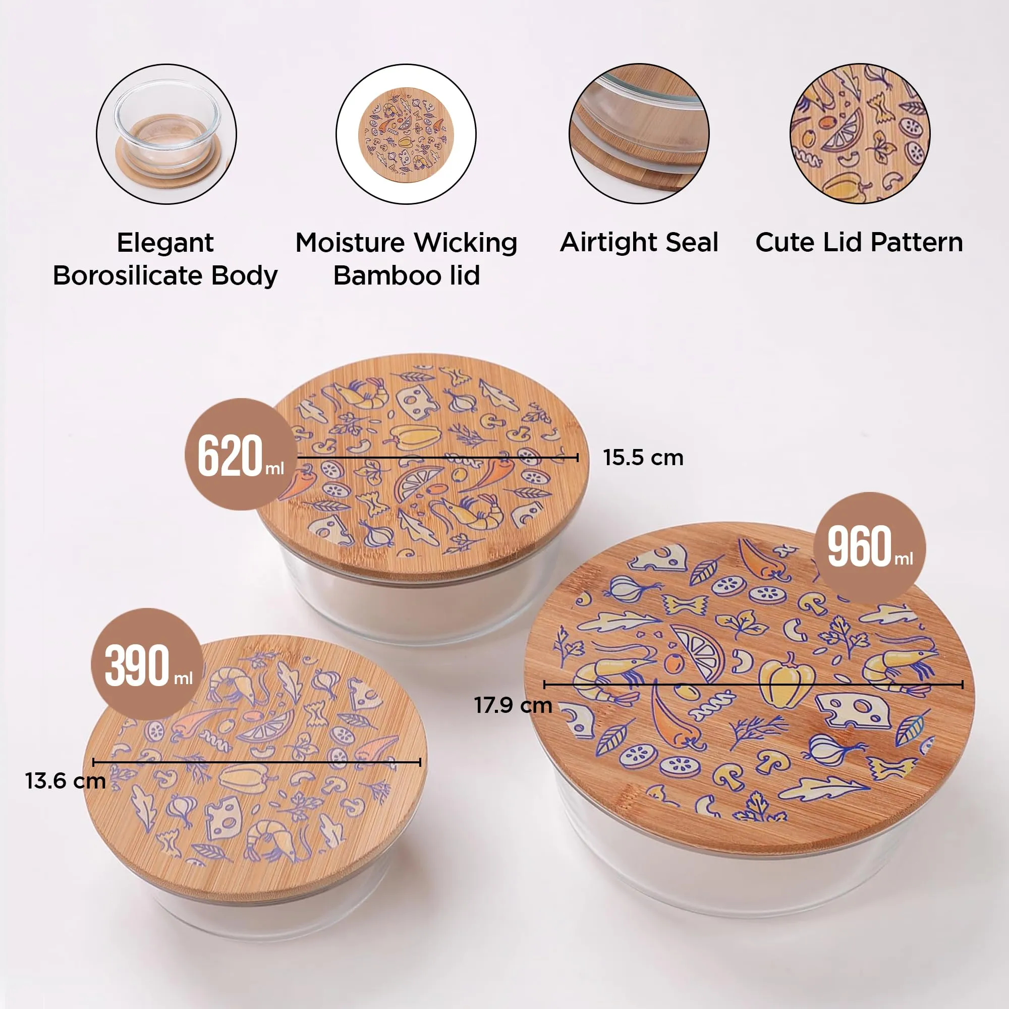 UMAI Pack of 3 Borosilicate Glass Kitchen Containers with Bamboo Lid | 390ml 620ml 960ml | Airtight Square Fridge Storage Boxes |kitchen organizer items and storage | Ratatoulie Print