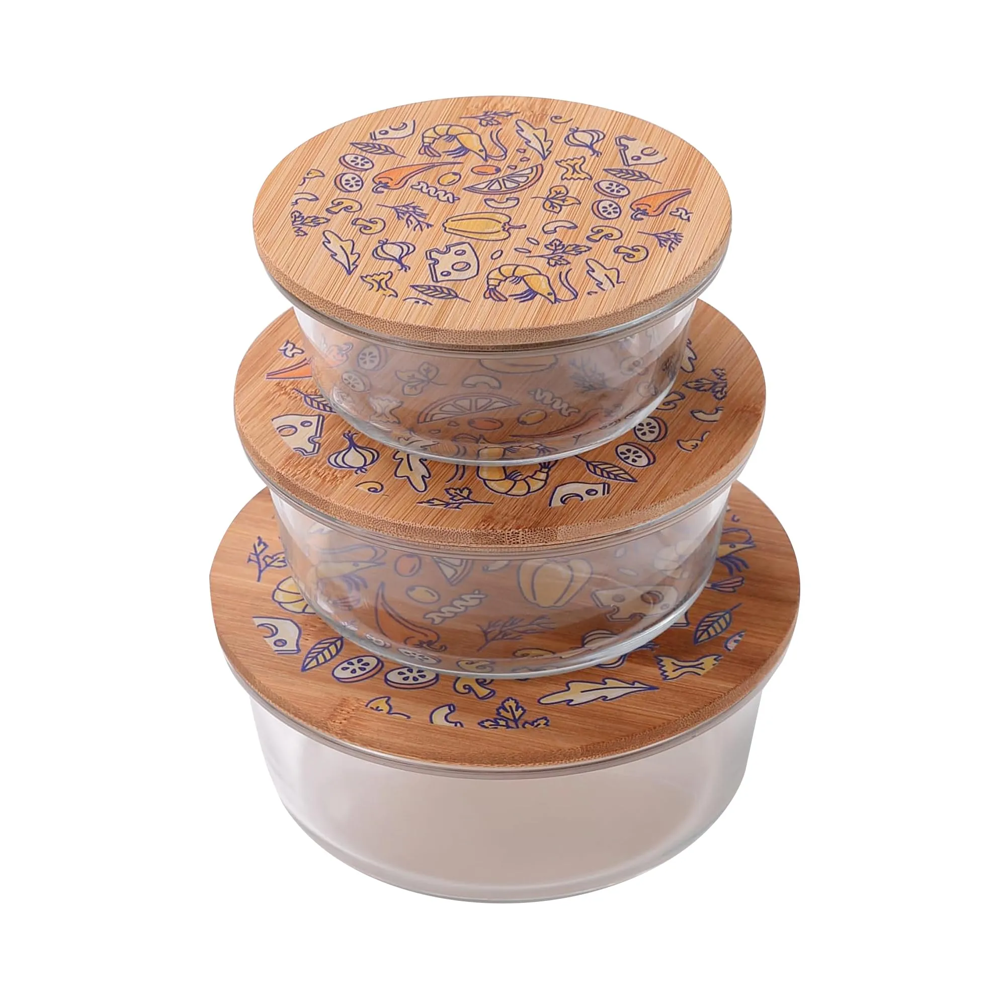 UMAI Pack of 3 Borosilicate Glass Kitchen Containers with Bamboo Lid | 390ml 620ml 960ml | Airtight Square Fridge Storage Boxes |kitchen organizer items and storage | Ratatoulie Print