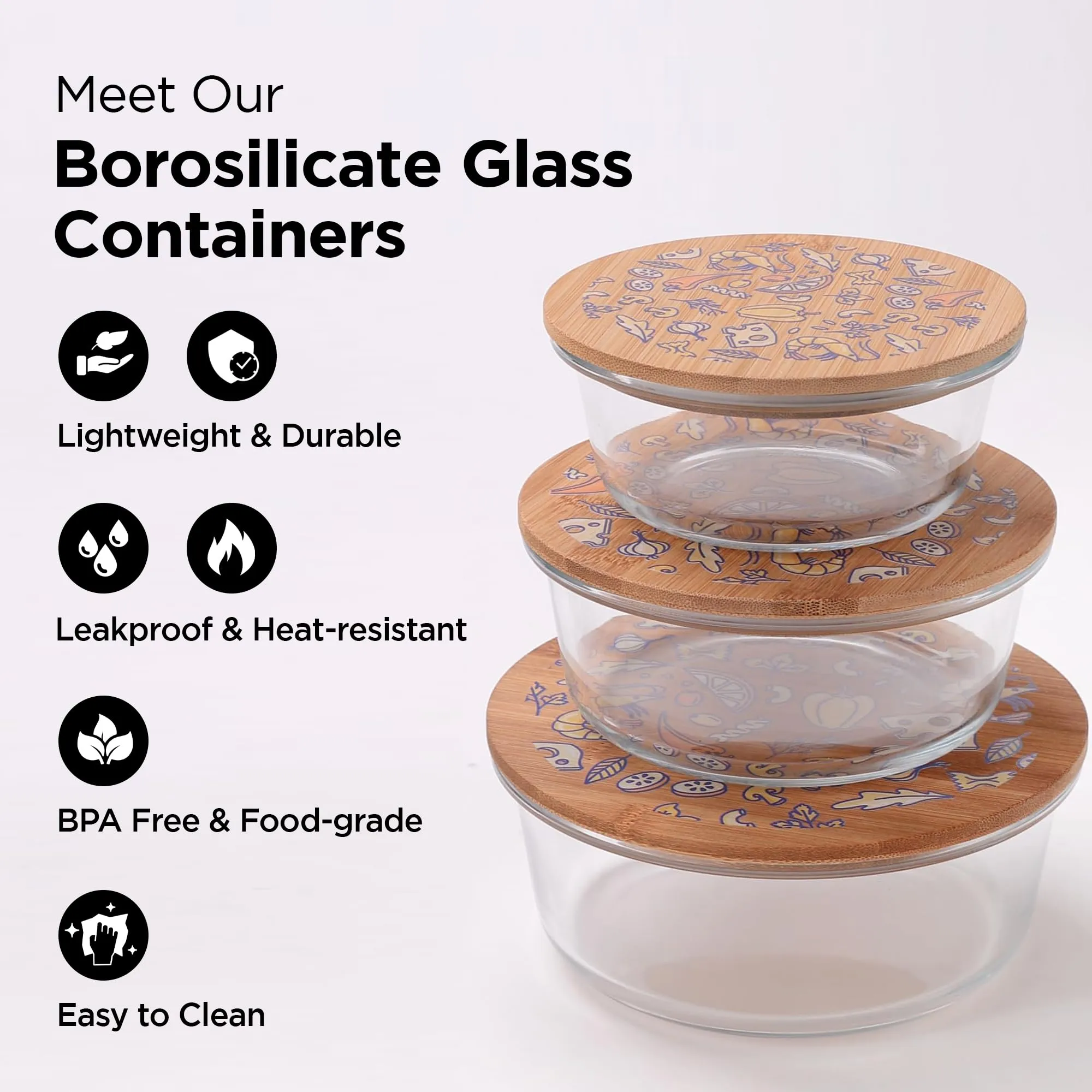 UMAI Pack of 3 Borosilicate Glass Kitchen Containers with Bamboo Lid | 390ml 620ml 960ml | Airtight Square Fridge Storage Boxes |kitchen organizer items and storage | Ratatoulie Print
