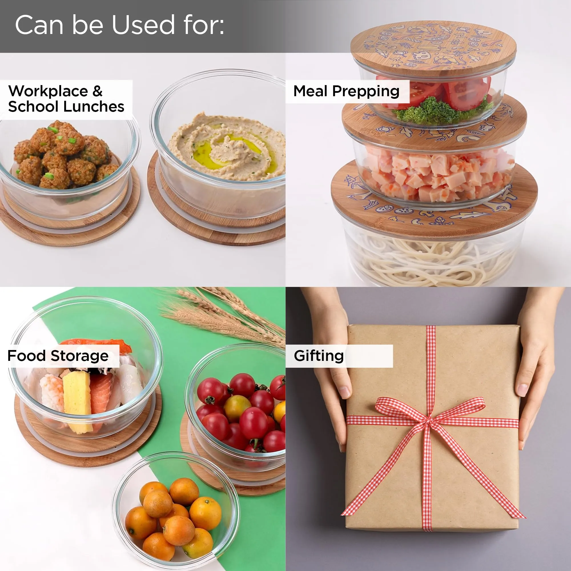 UMAI Pack of 3 Borosilicate Glass Kitchen Containers with Bamboo Lid | 390ml 620ml 960ml | Airtight Square Fridge Storage Boxes |kitchen organizer items and storage | Ratatoulie Print