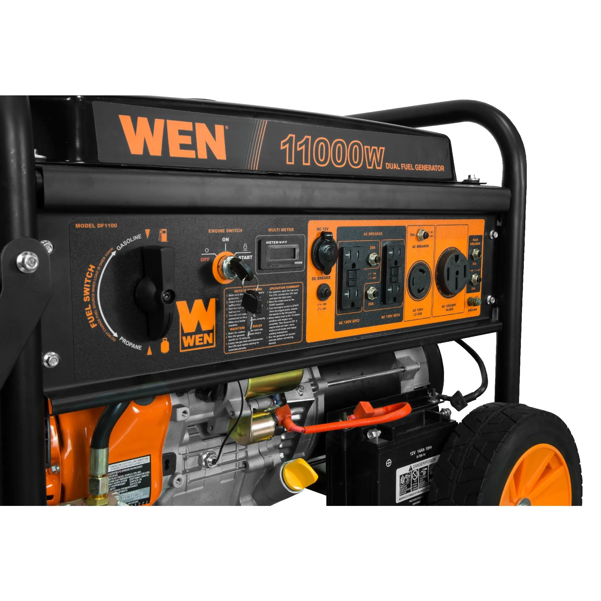 WEN DF1100T 11,000/8,300-Watt 120V/240V Dual Fuel Gasoline and Propane Powered Electric Start Portable Generator with Wheel Kit