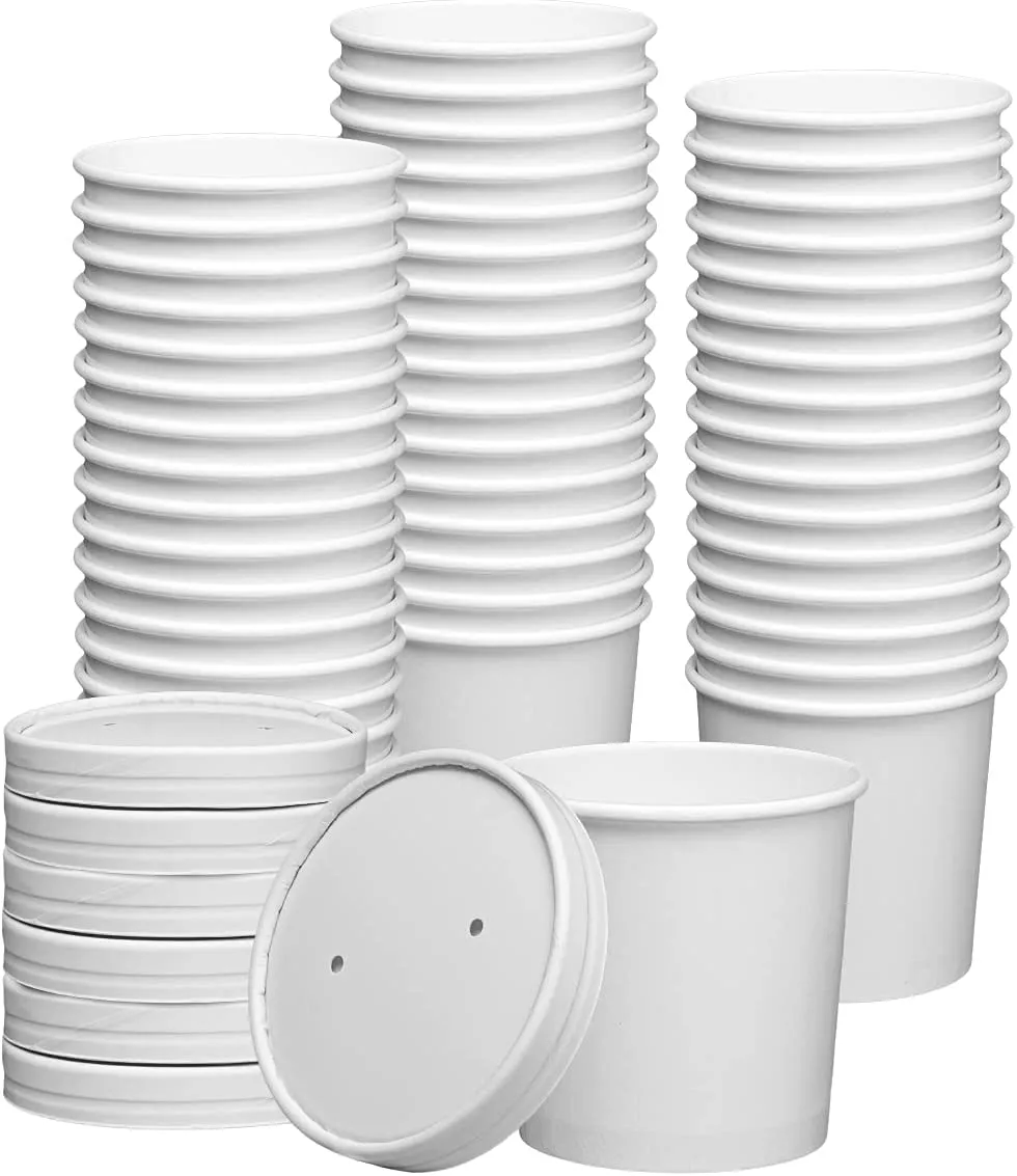 White Paper Food Containers With Vented Lids, To Go Hot Soup Bowls, Disposable Ice Cream Cups