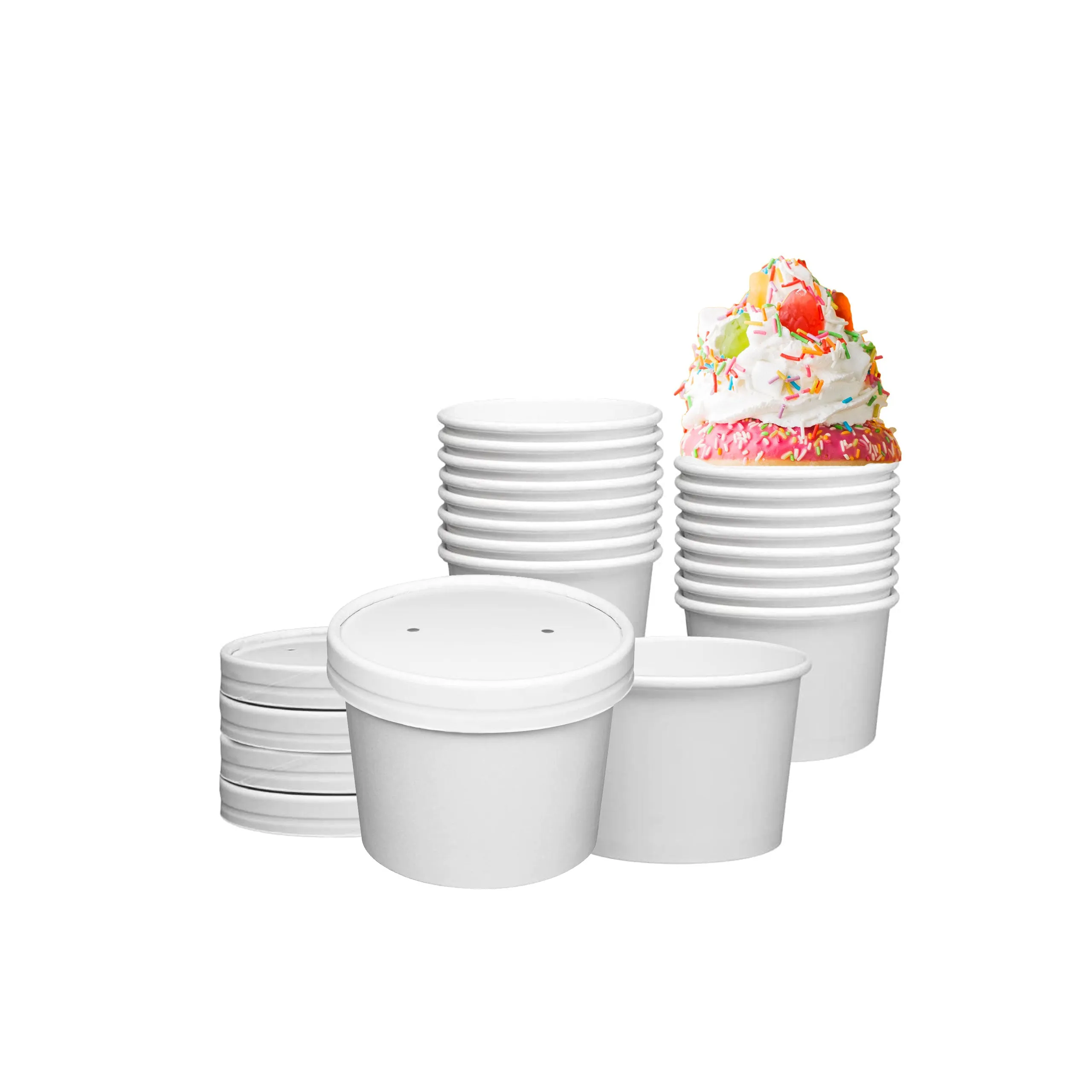 White Paper Food Containers With Vented Lids, To Go Hot Soup Bowls, Disposable Ice Cream Cups