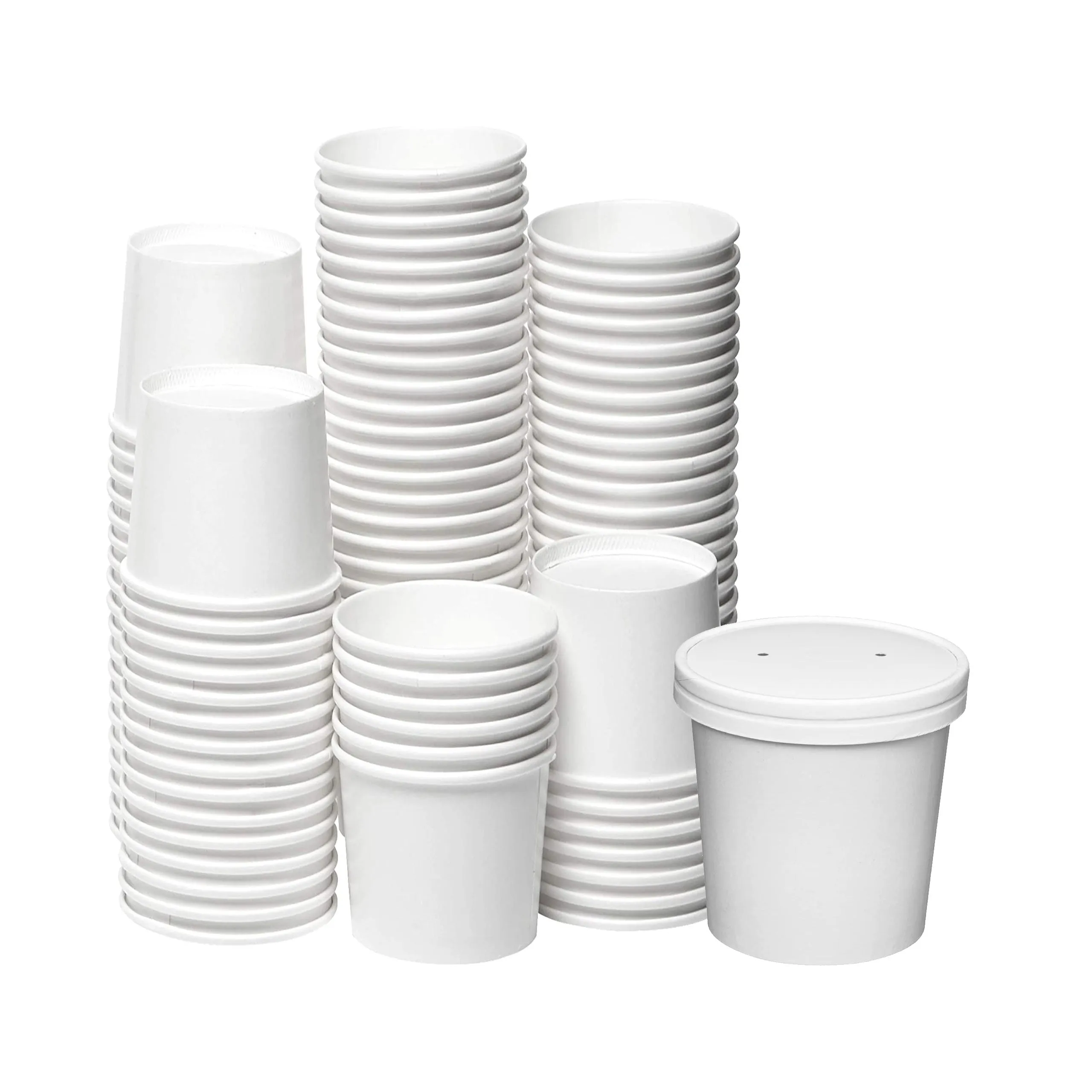 White Paper Food Containers With Vented Lids, To Go Hot Soup Bowls, Disposable Ice Cream Cups