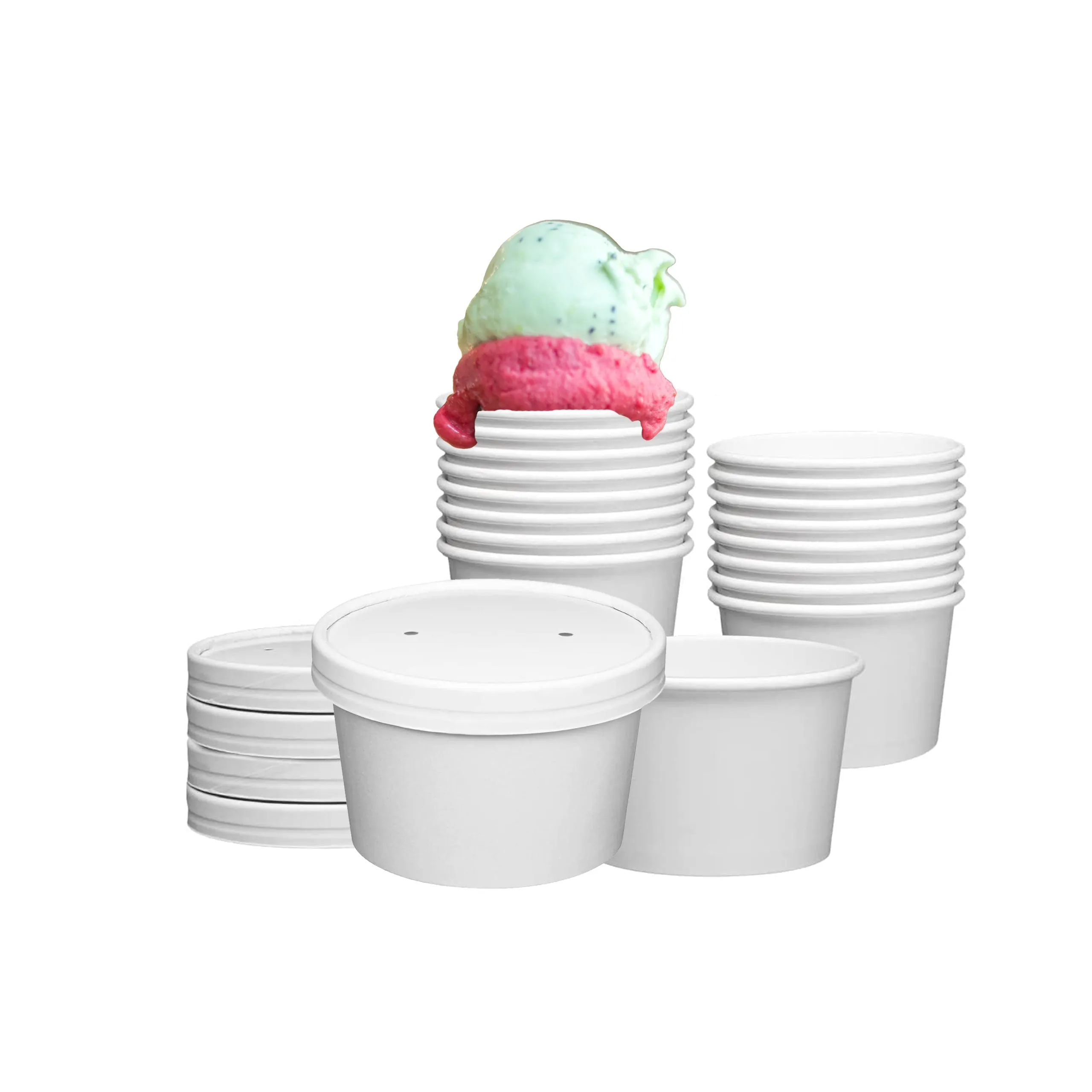 White Paper Food Containers With Vented Lids, To Go Hot Soup Bowls, Disposable Ice Cream Cups