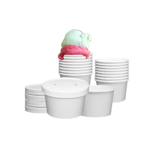 White Paper Food Containers With Vented Lids, To Go Hot Soup Bowls, Disposable Ice Cream Cups