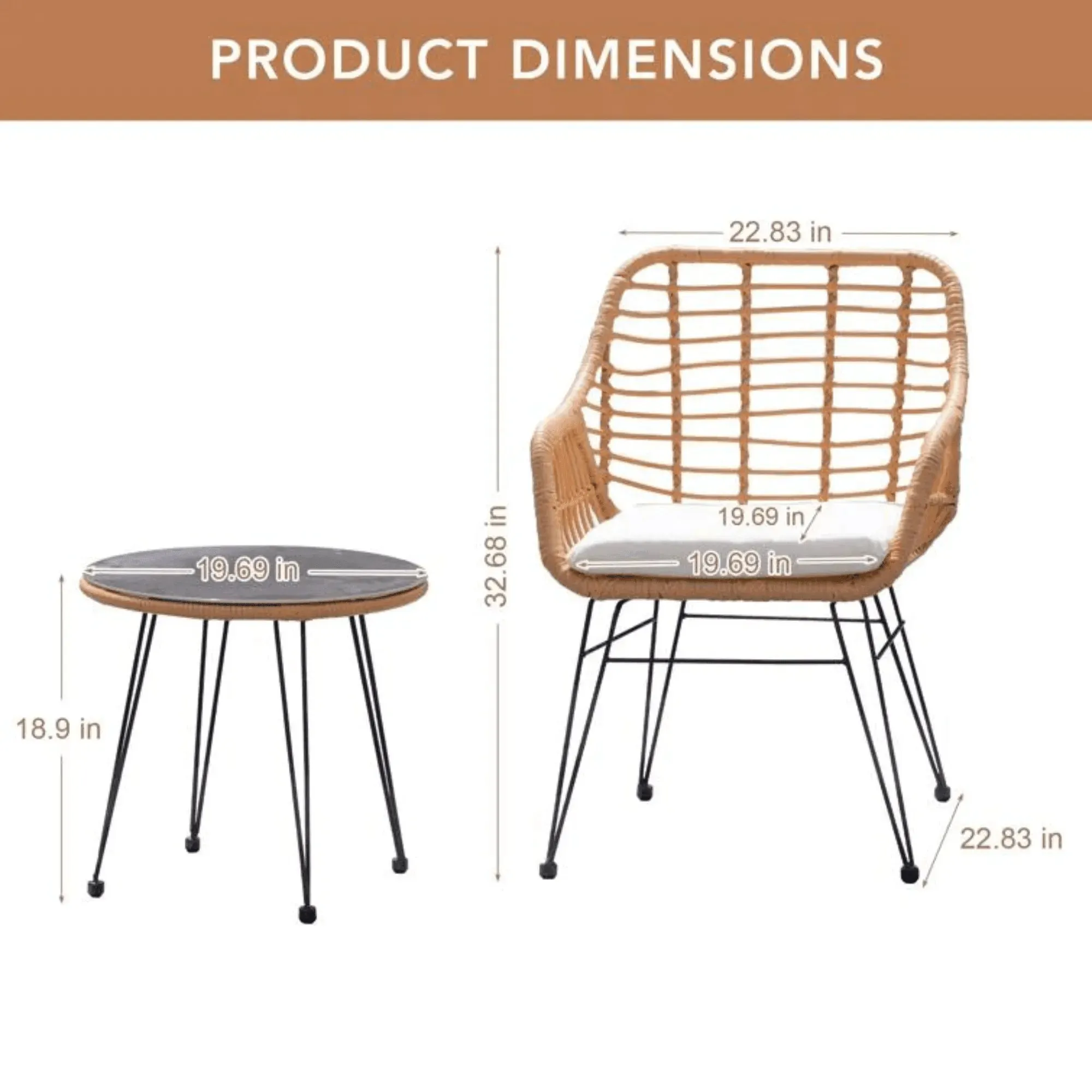 Wooden Twist Modern Bistro Design Rattan & Steel Outdoor Dining Table Set with Cushions for Café, Restaurant, Patio, Garden