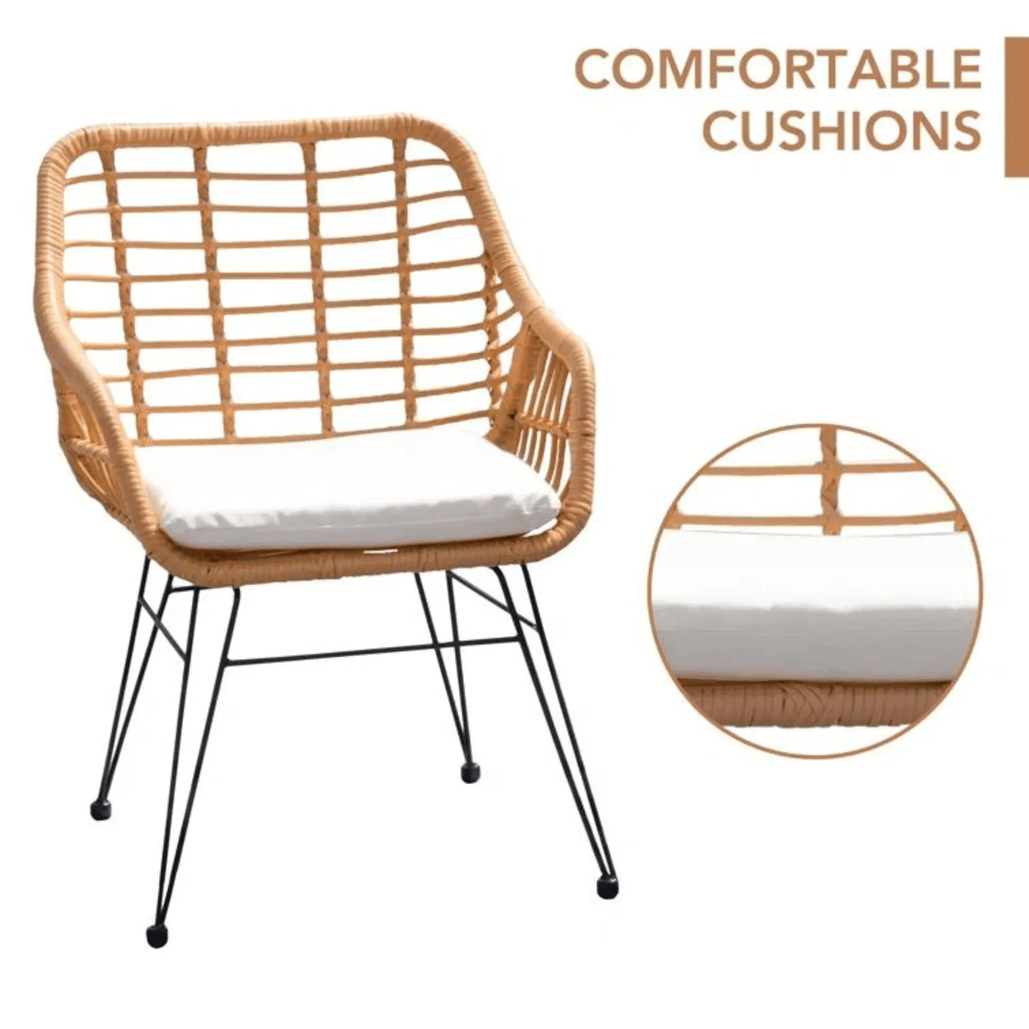 Wooden Twist Modern Bistro Design Rattan & Steel Outdoor Dining Table Set with Cushions for Café, Restaurant, Patio, Garden
