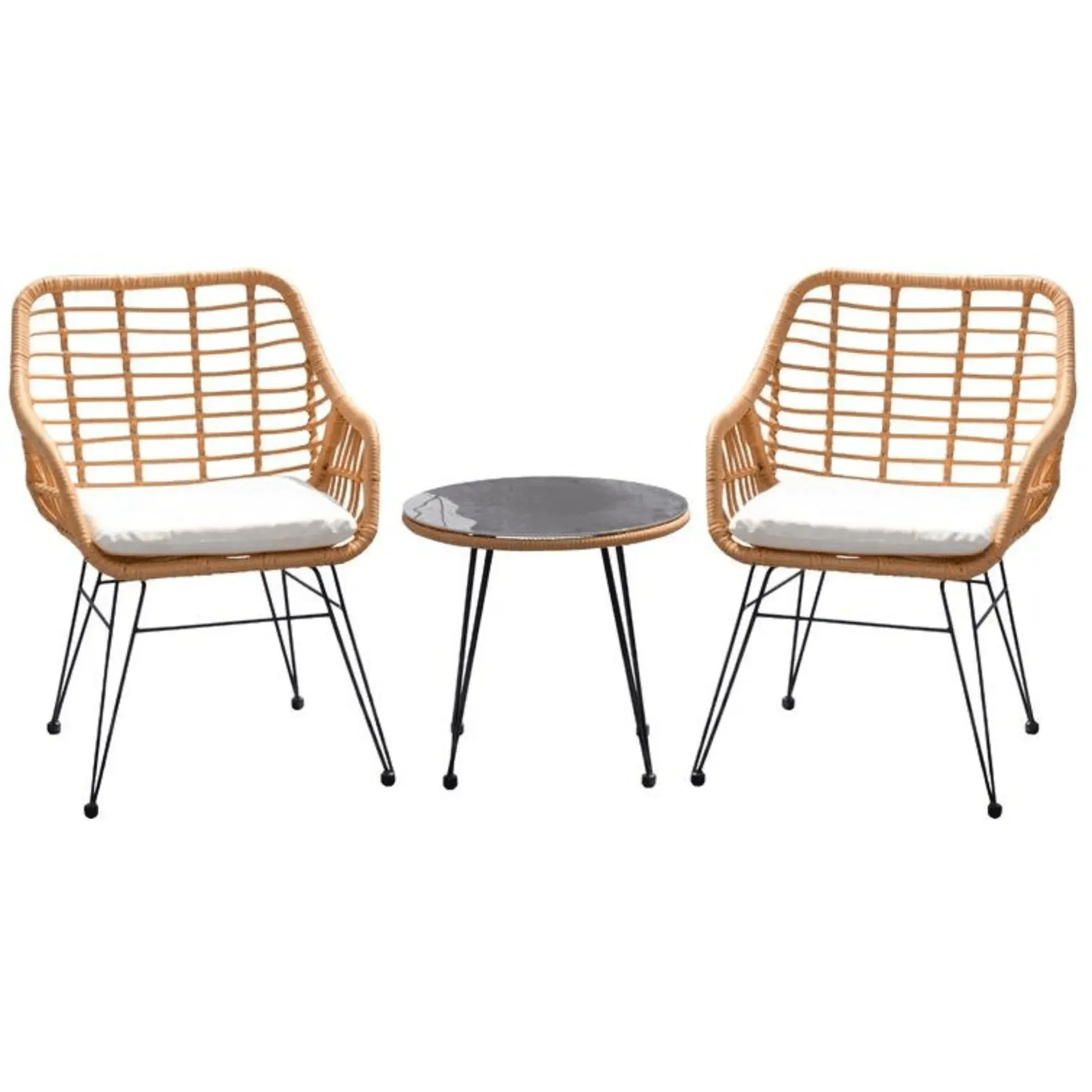 Wooden Twist Modern Bistro Design Rattan & Steel Outdoor Dining Table Set with Cushions for Café, Restaurant, Patio, Garden