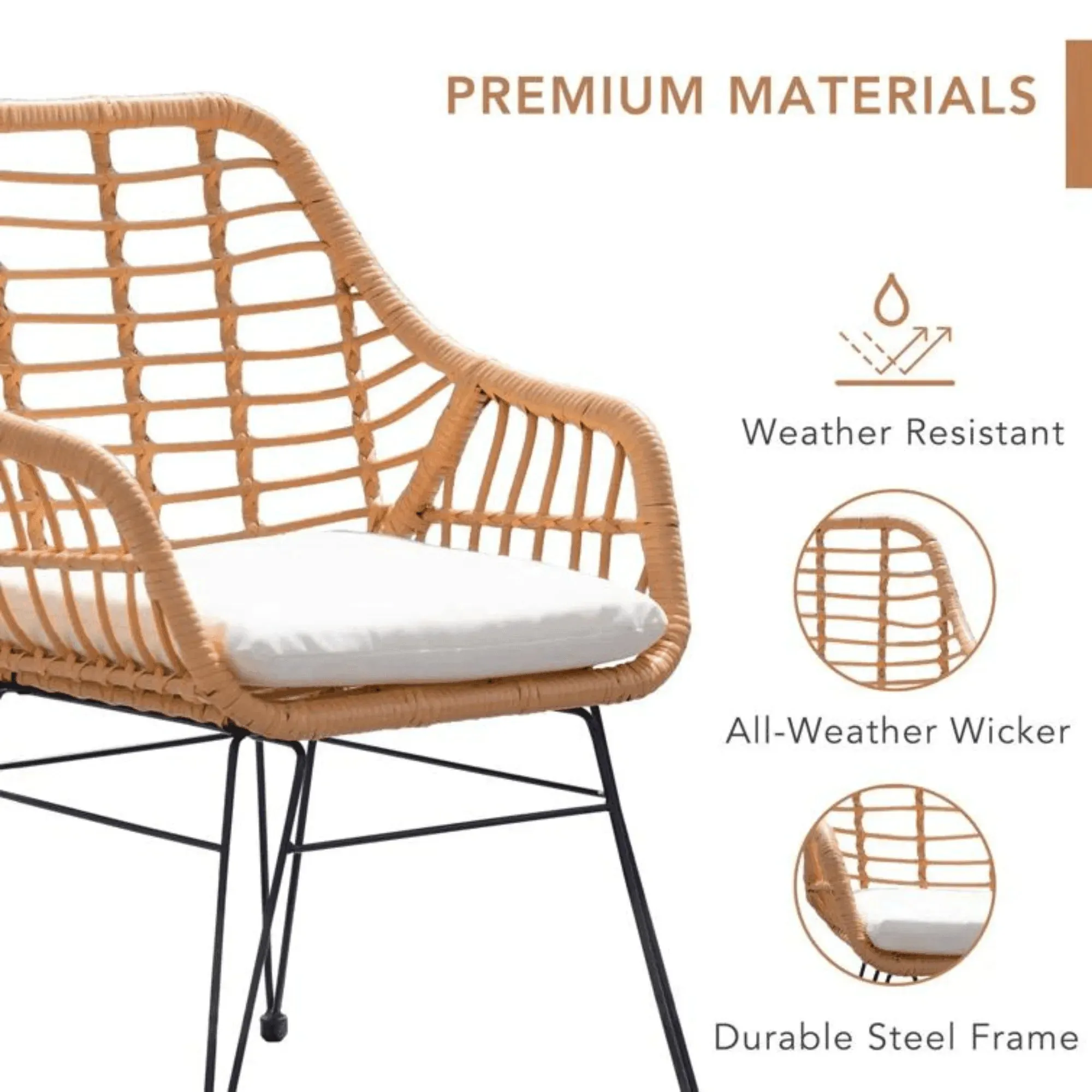 Wooden Twist Modern Bistro Design Rattan & Steel Outdoor Dining Table Set with Cushions for Café, Restaurant, Patio, Garden