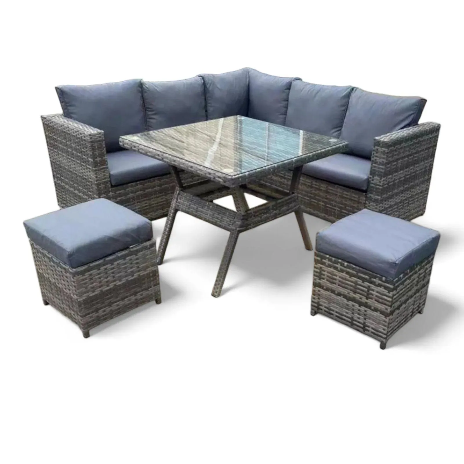 Wooden Twist Terrace Modular Design Weather Resistant Wicker Conversation Rattan & Steel 5 Pieces Outdoor Furniture Set With Six Cushions